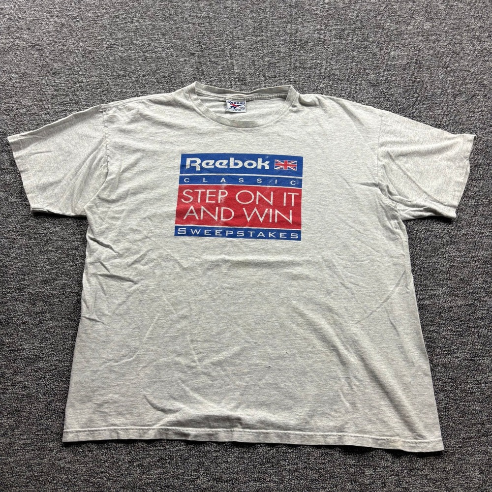 Vintage 1990s Reebok Classic Step On It And Win Graphic Grey T-Shirt Size 2XL